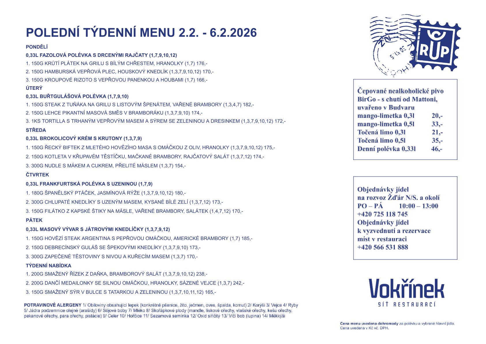 Polední menu Restaurace u pošty 2.2.2026 - 6.2.2026